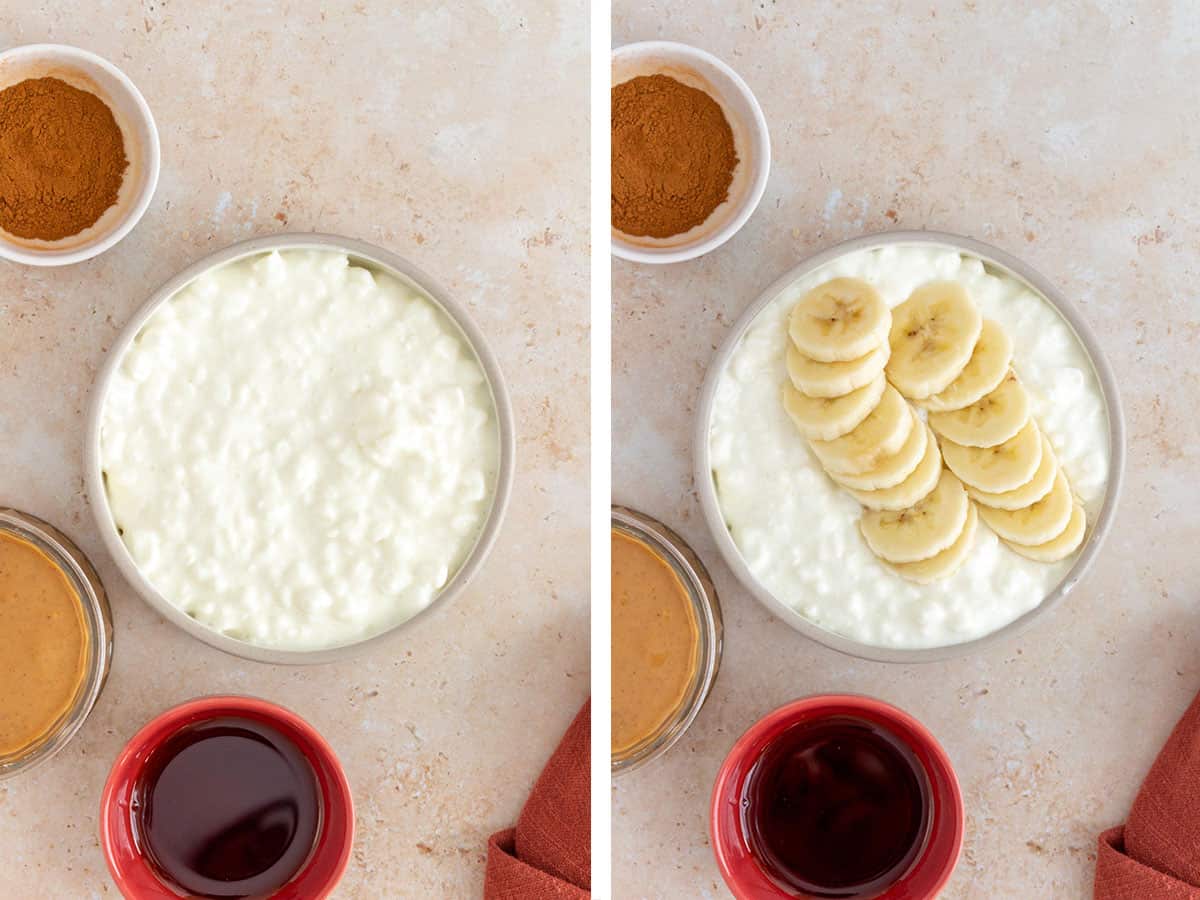 Set of two photos showing cottage cheese and sliced bananas added to a bowl.