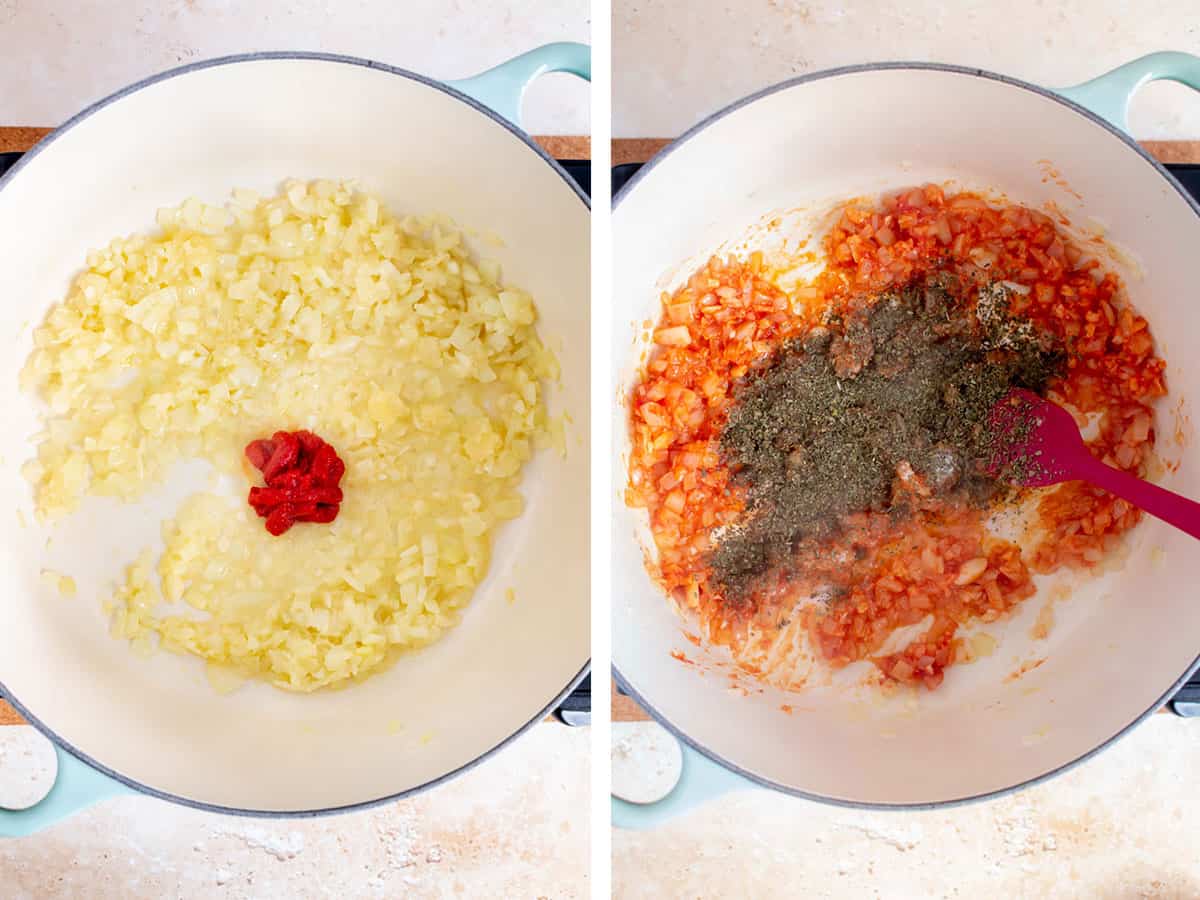 Set of two photos showing tomato paste and dried basil added to the pot of onions and garlic.