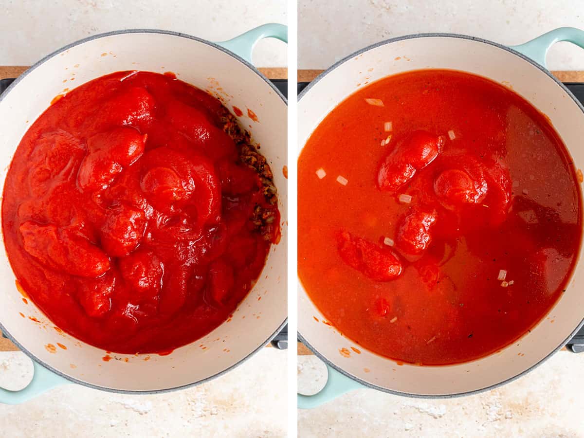 Set of two photos showing canned whole tomatoes and broth added to the pot.