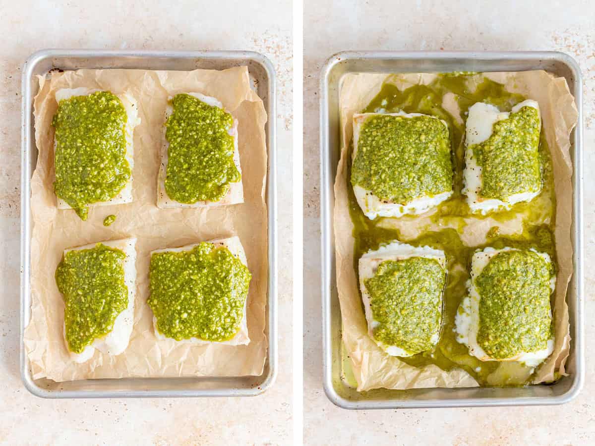 Set of two photos showing before and after pesto cod baked on a lined sheet pan.