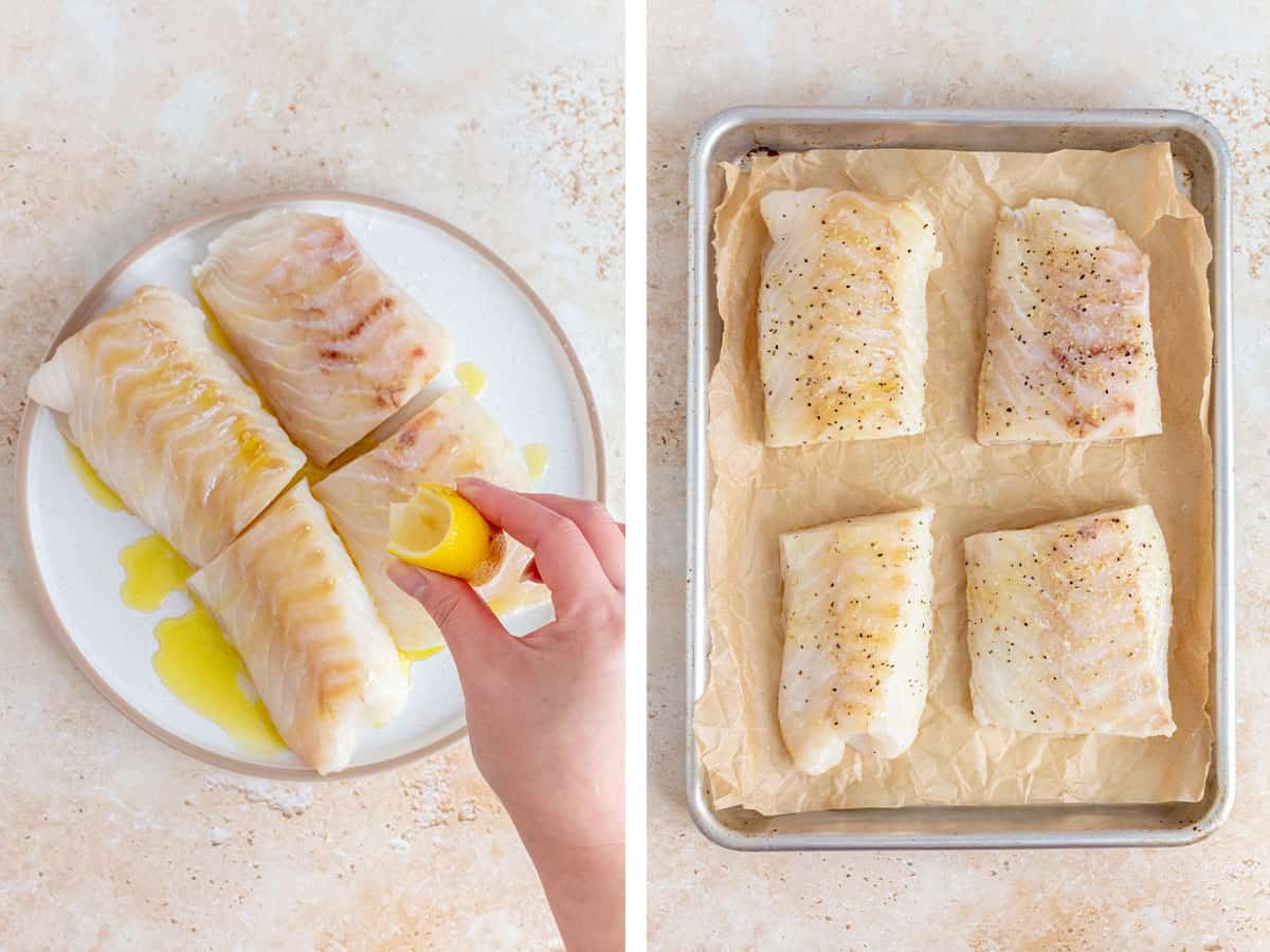 Set of two photos showing lemon squeezed over cod and coated in seasoning.
