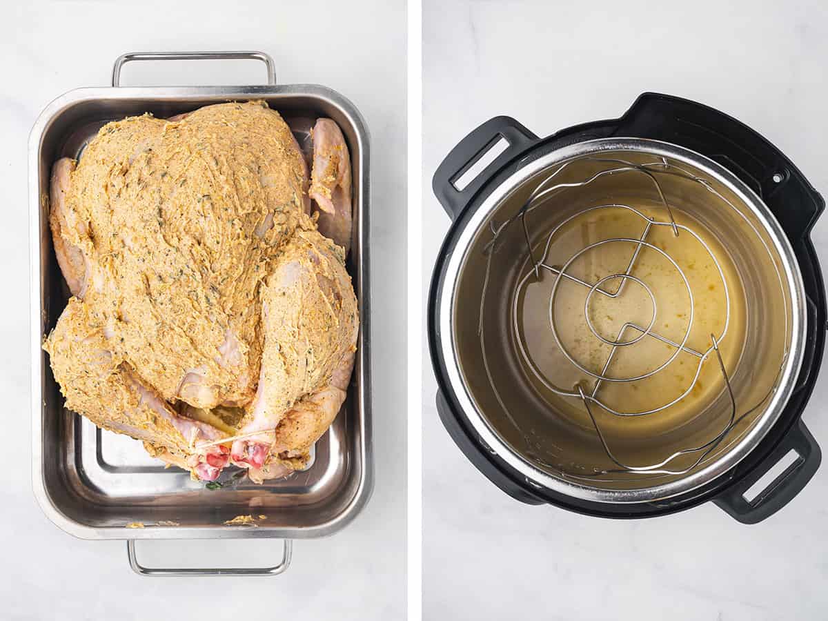 Set of two photos showing butter mixture rubbed on the chicken and broth added to the instant pot.