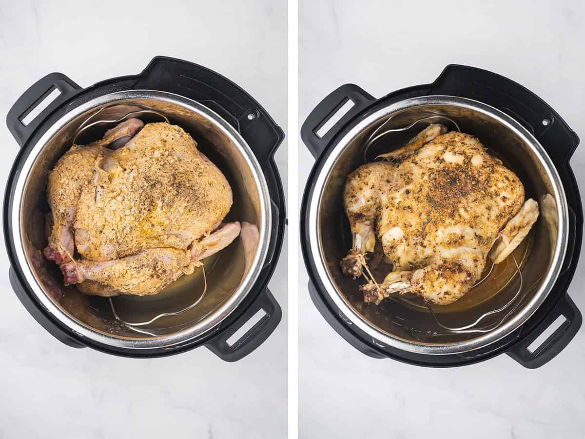 Set of two photos showing a whole chicken before and after pressure cooking.