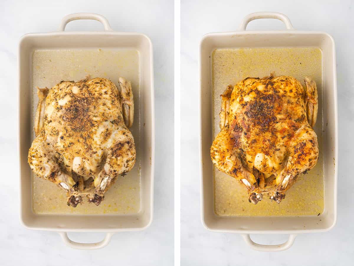 Set of two photos showing before and after chicken is broiled.