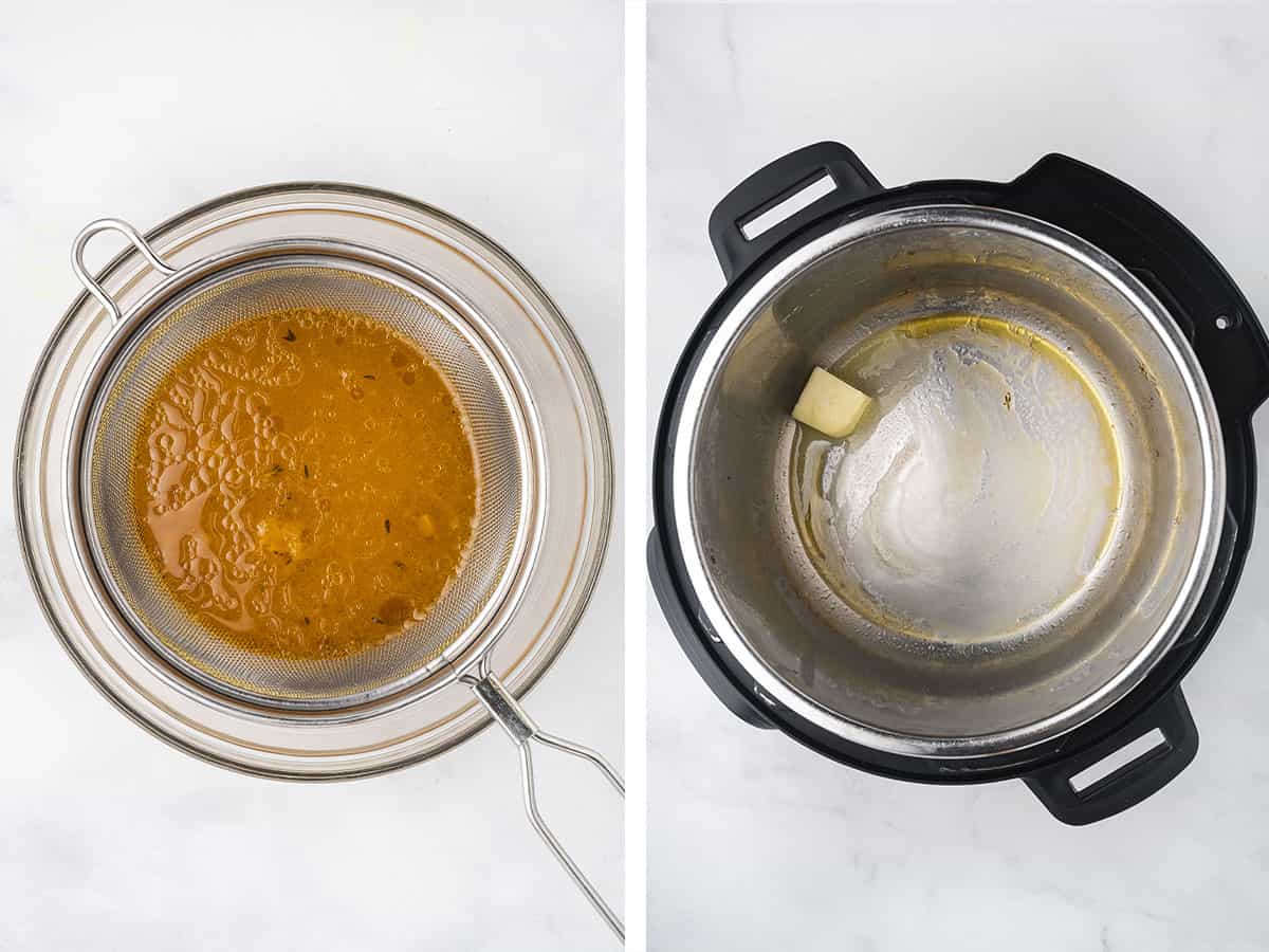 Set of two photos showing juices strained and butter melted in an instant pot.