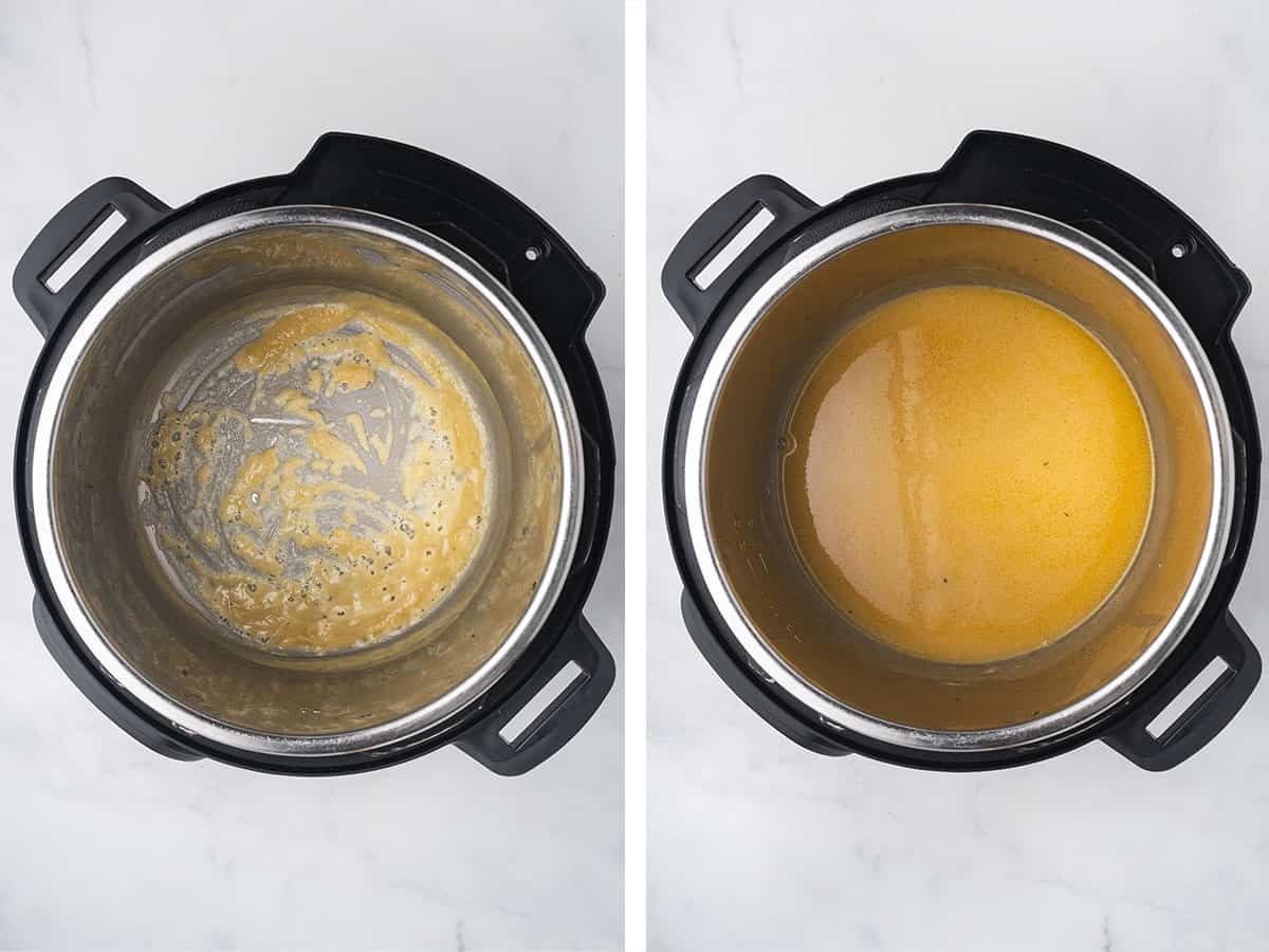 Set of two photos showing gravy cooked in an instant pot.
