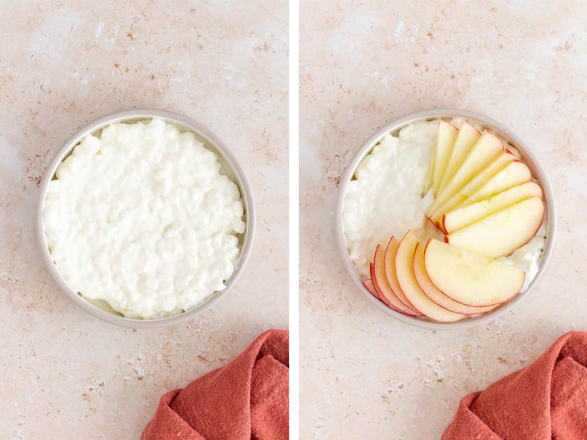 Set of two photos showing cottage cheese and apple slices added to a bowl.