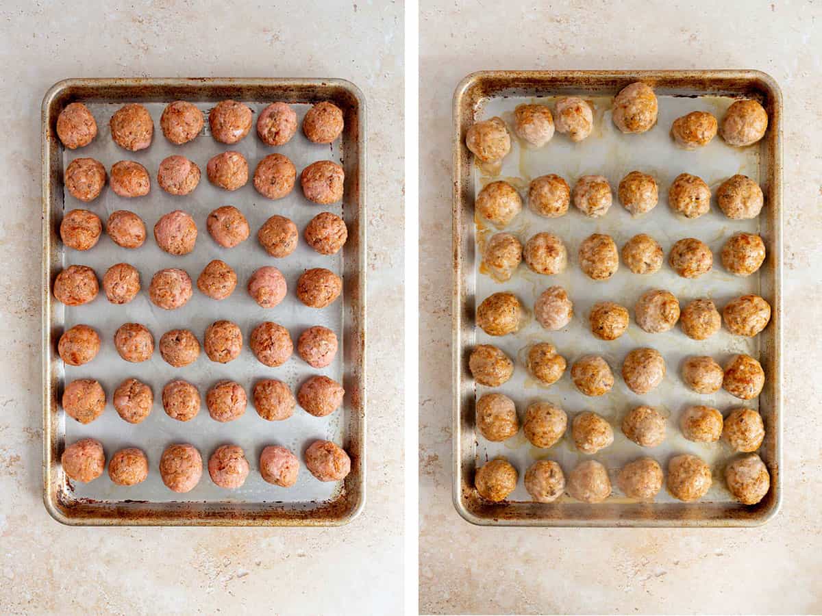 Set of two photos showing before and after meatballs are baked on a sheet pan.