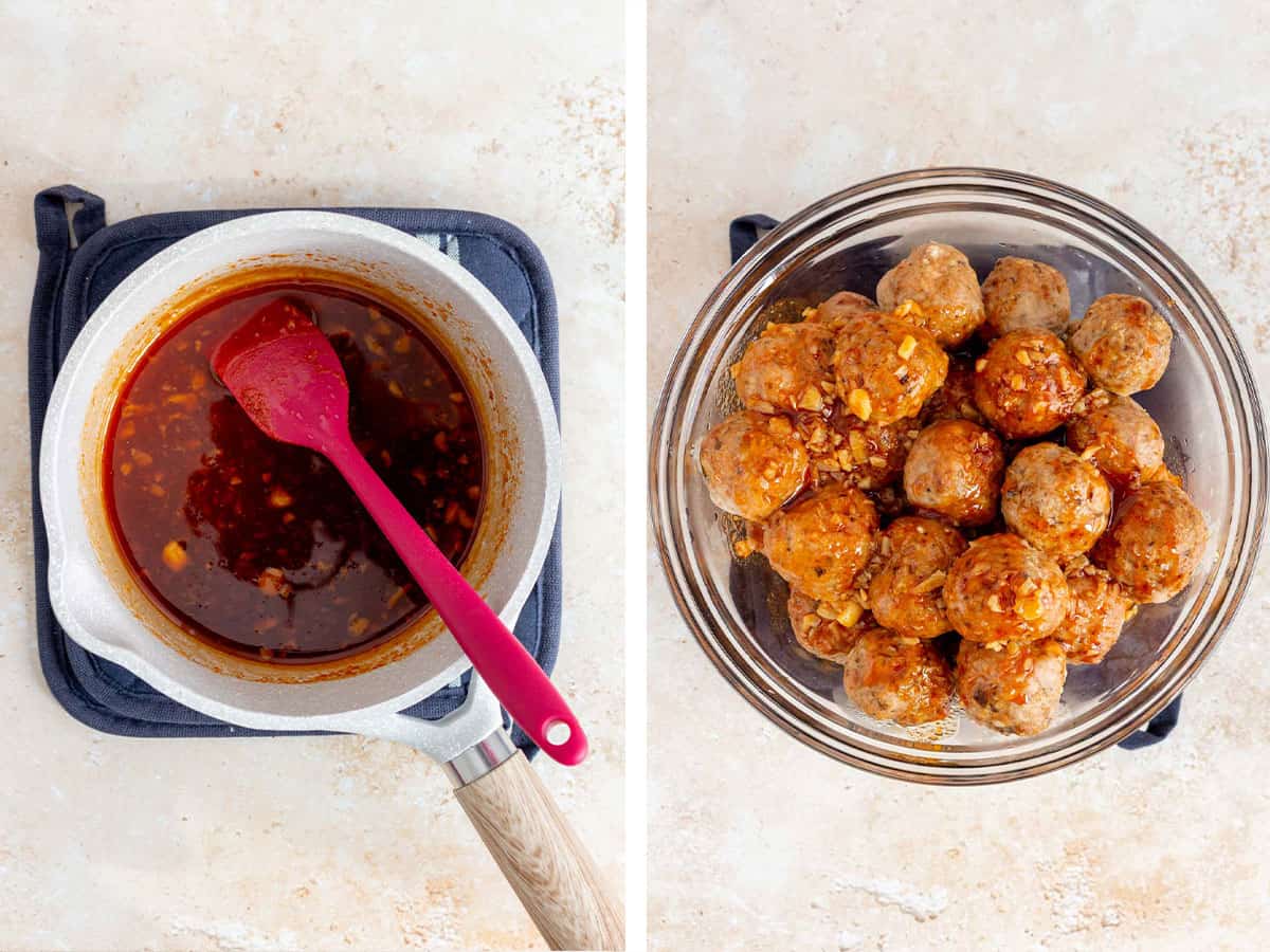 Set of two photos showing sauce in a saucepan and cooked meatballs coated in sauce.