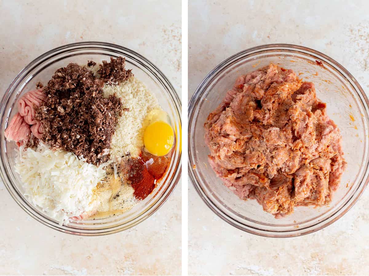 Set of two photos showing meatball ingredients added to a bowl and mixed together.