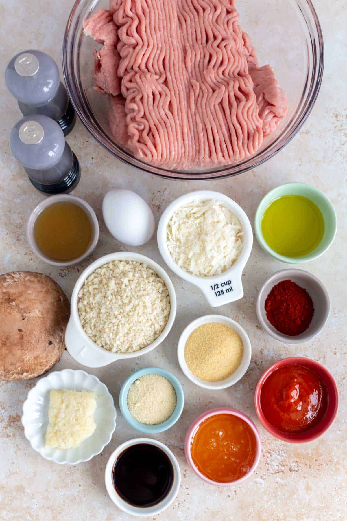 Ingredients needed to make honey sriracha meatballs with mushrooms.