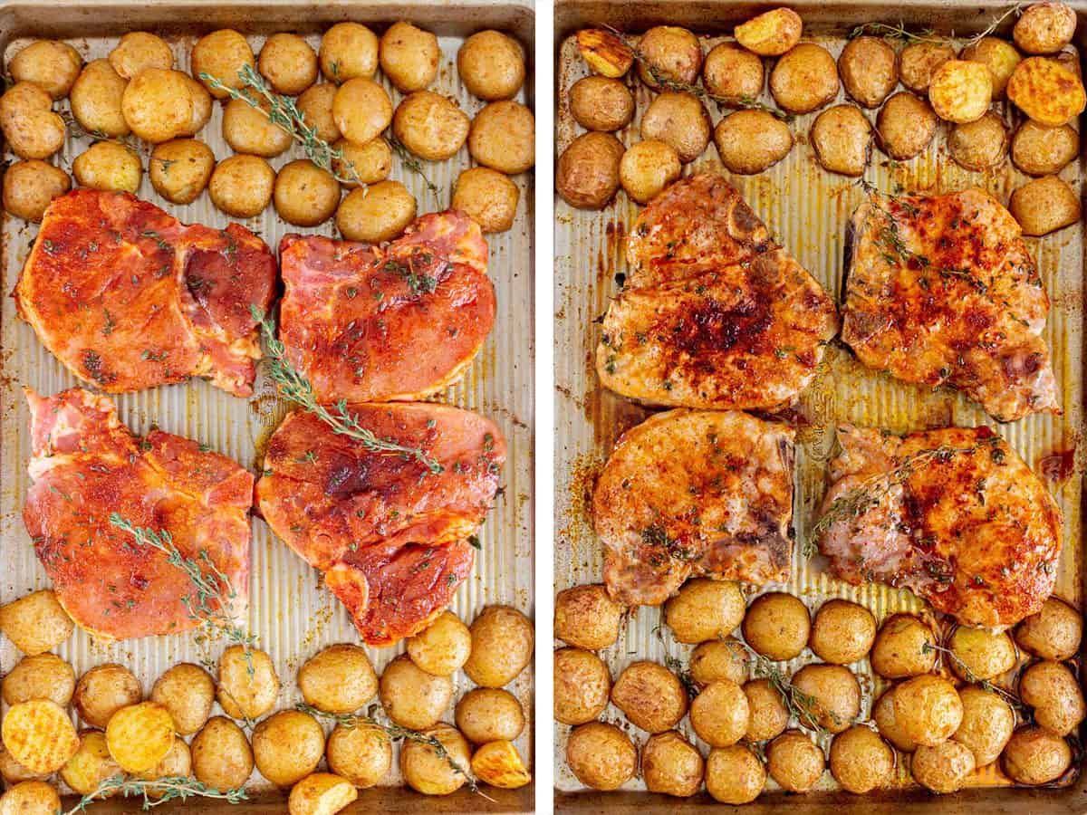 set of two photos showing pork chops and thyme added to the sheet pan and baked.