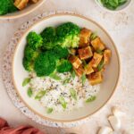 Overhead view of a bowl of honey garlic tofu with broccoli, rice, and green onions.