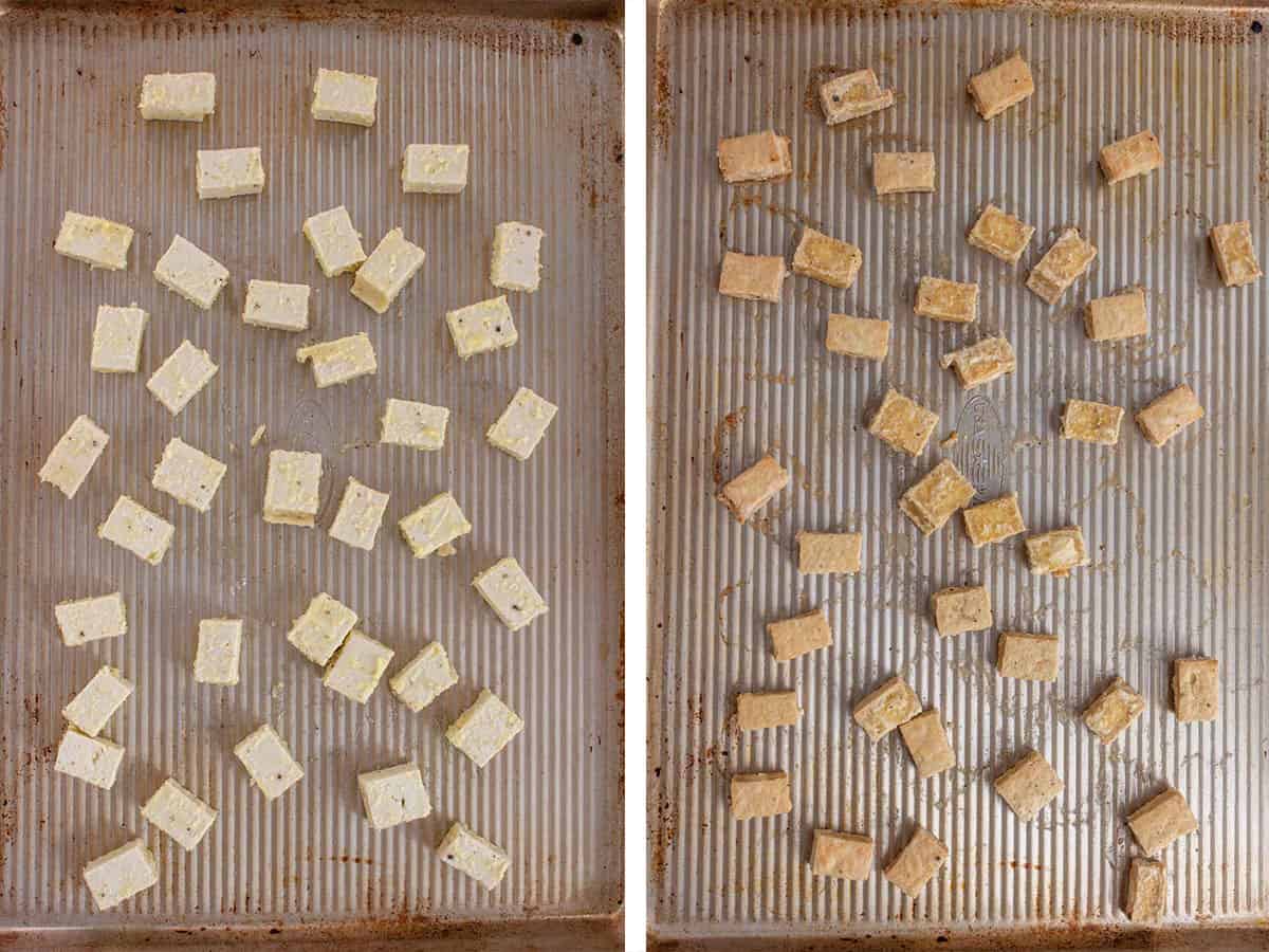 Set of two photos showing tofu baked on a sheet pan.