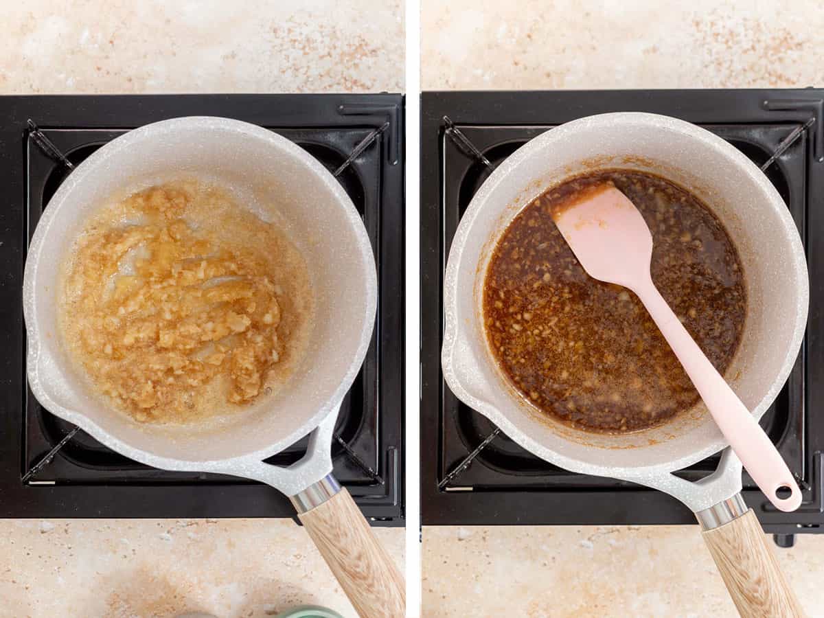 Set of two photos showing honey garlic sauce mixed together.