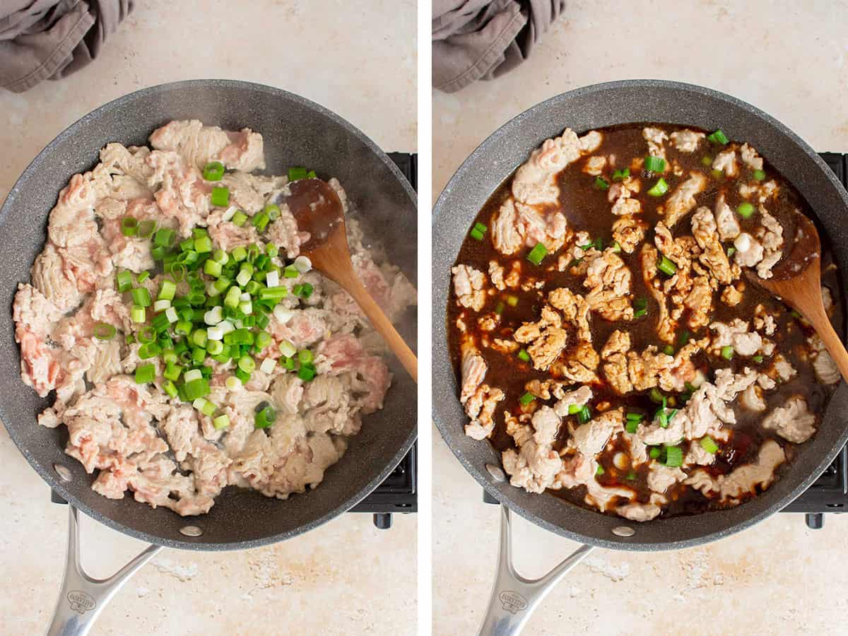 Set of two photos showing green onions and sauce added to the skillet.