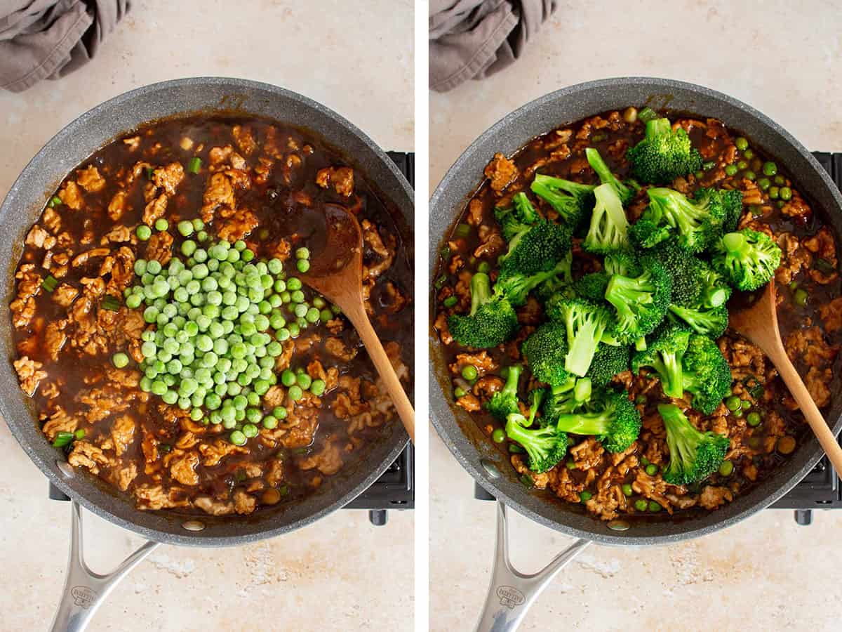 Set of two photos showing frozen peas and the cooked broccoli added back to the skillet.