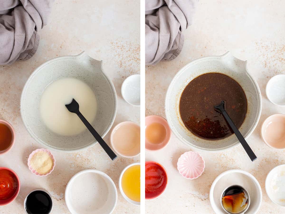 Set of two photos showing sauce ingredients mixed in a bowl.