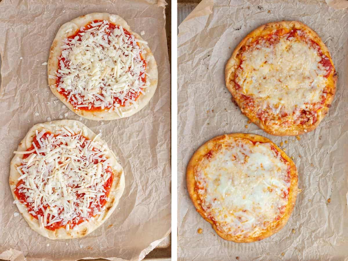Set of two photos showing two cheesy naan pizzas before and after baking.