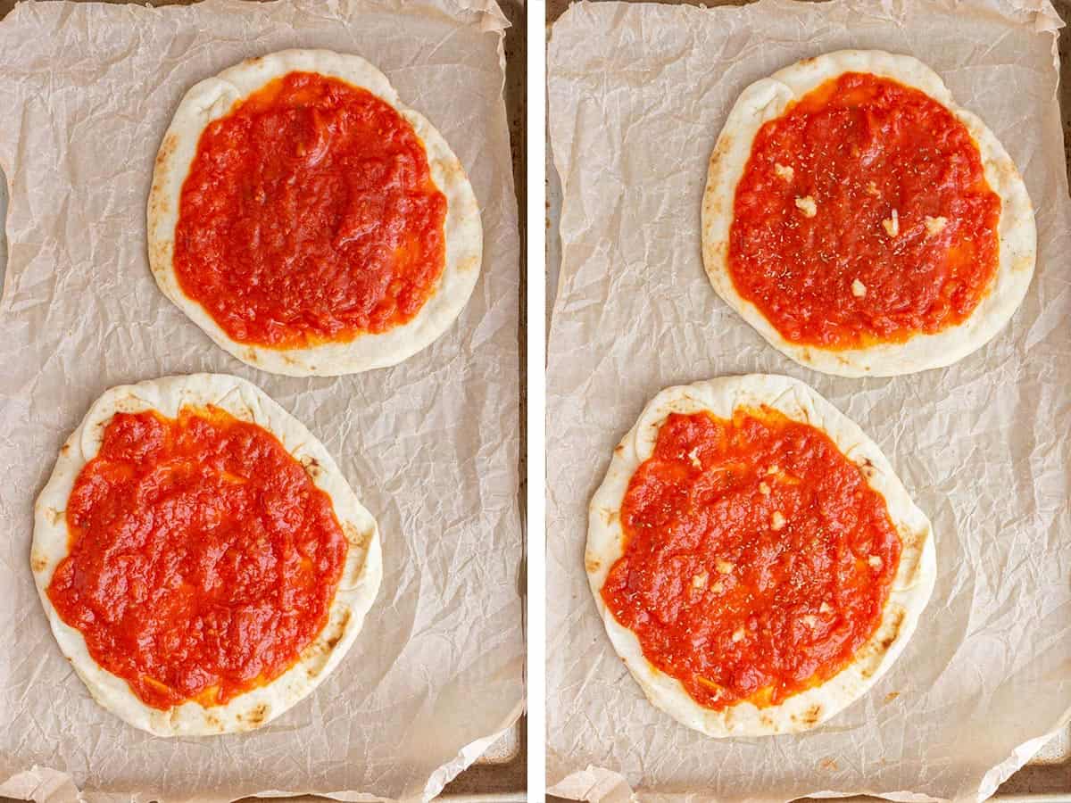 Set of two photos showing marinara sauce, dried oregano, and garlic added to a flatbread.