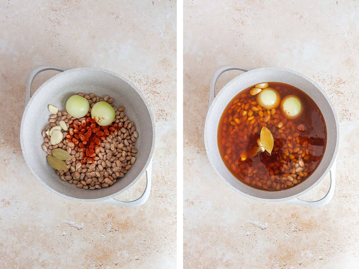 Set of two photos showing all the ingredients added to a pot.