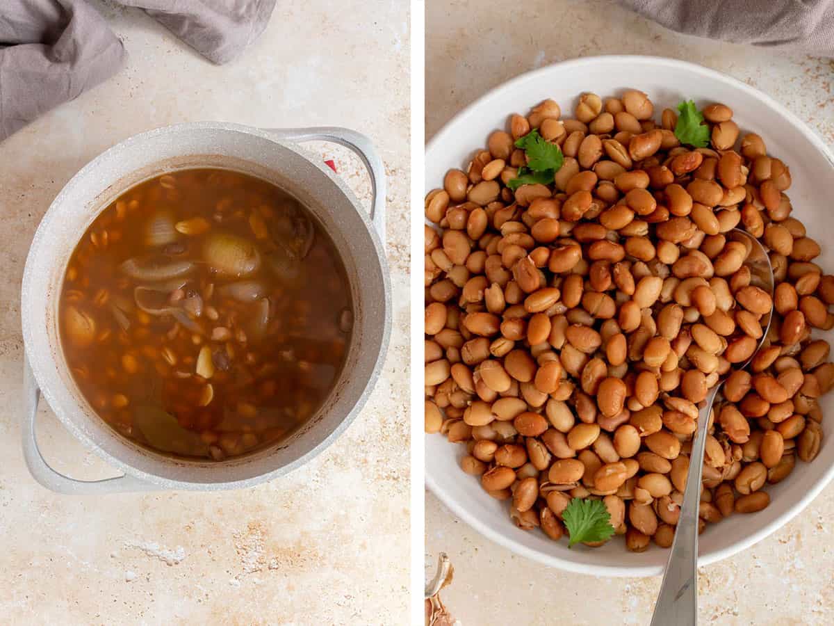 Set of two photos showing cooked pinto beans in a pot and then plated without the liquid.