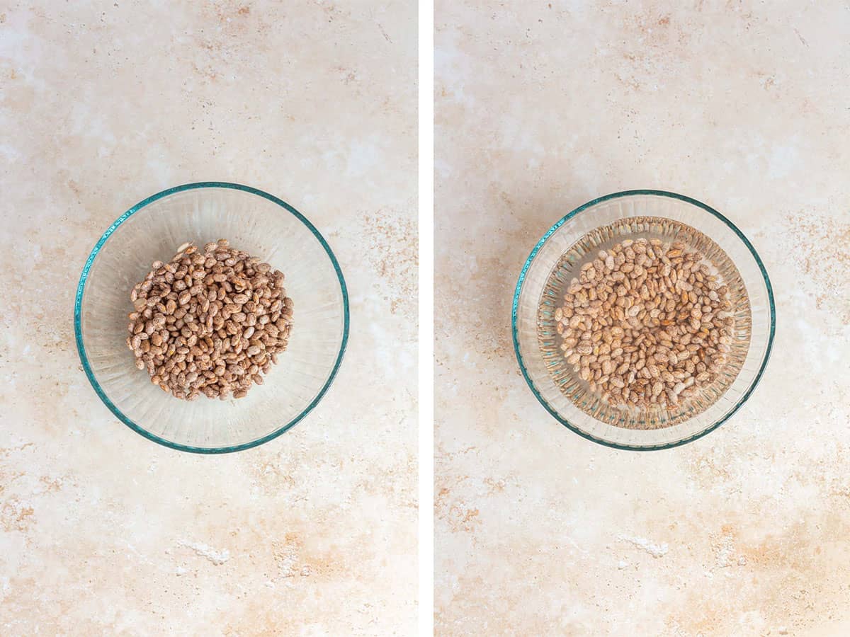 Set of two photos showing before and after pinto beans are soaked.