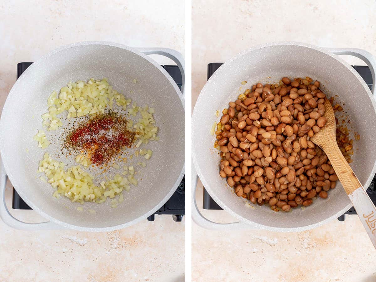 Set of two photos showing seasoning and pinto beans added to the pot.