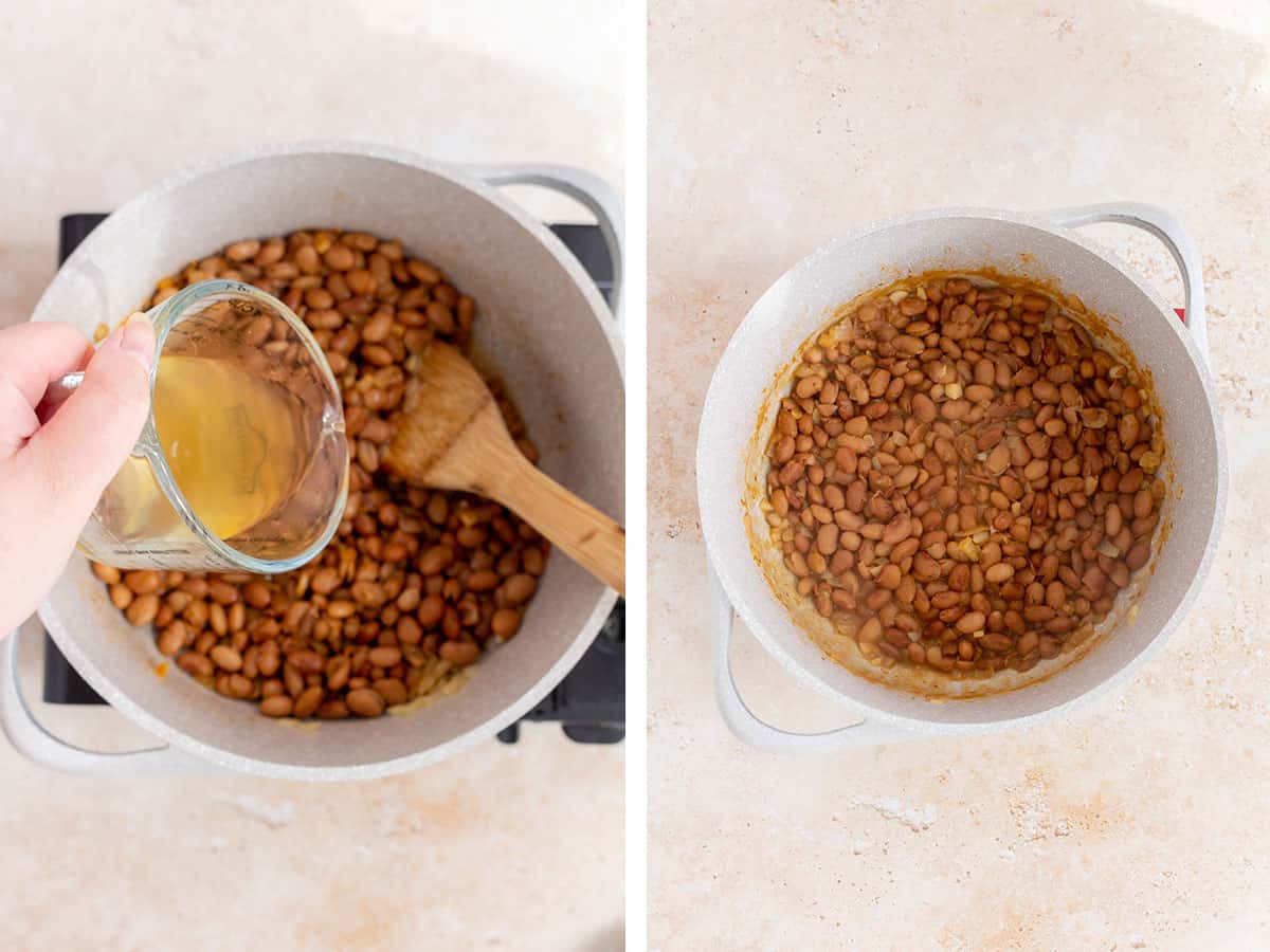 Set of two photos showing broth added to the pot and beans cooked until super soft.