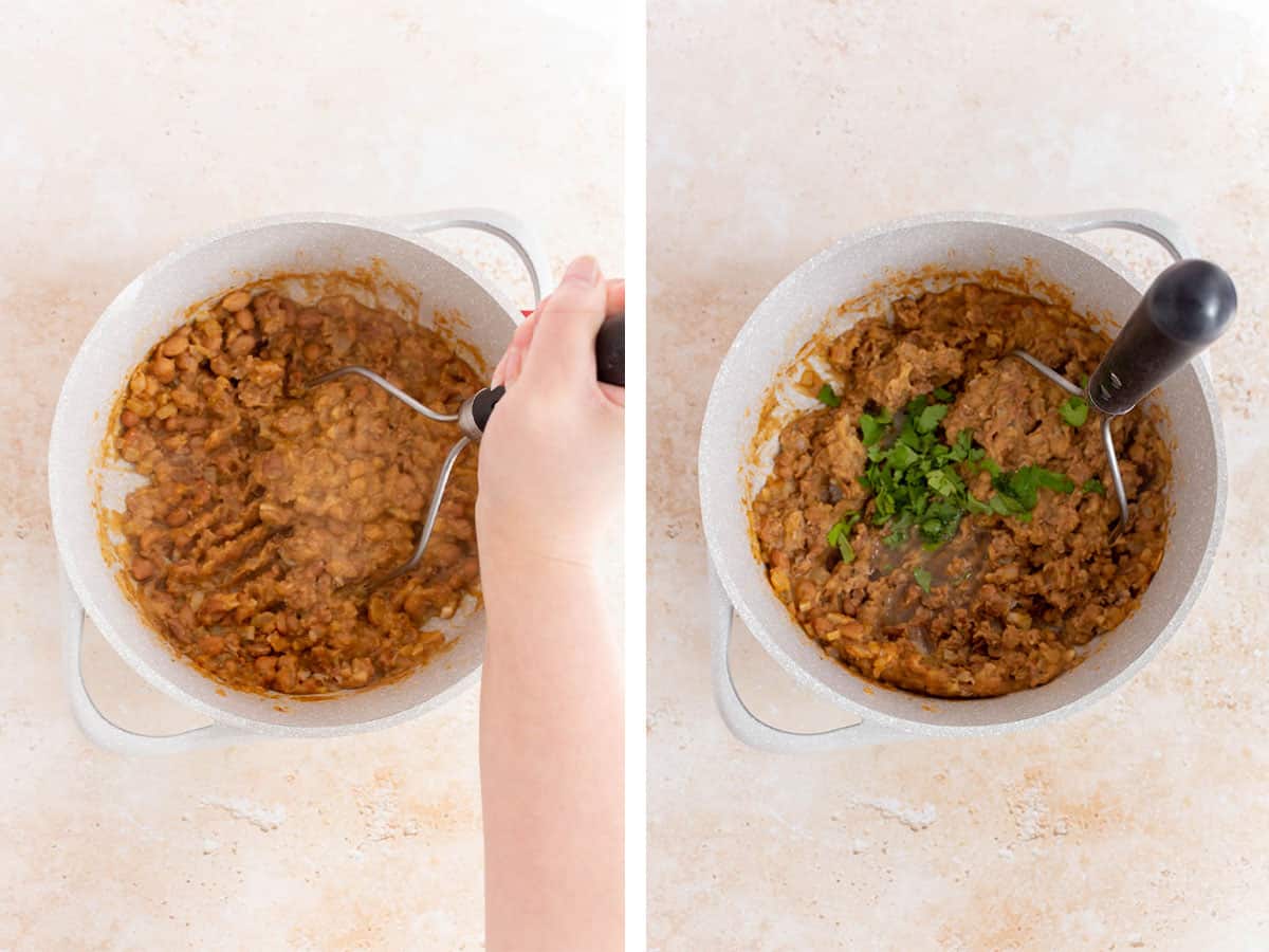 Set of two photos showing pot of cooked beans mashed and cilantro and lime juice added.