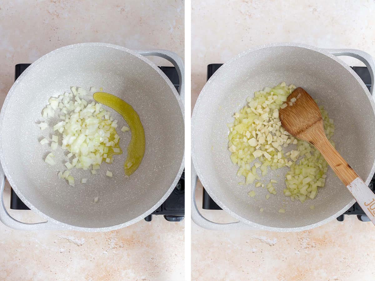 Set of two photos showing oil, onions, and garlic added to the pot.