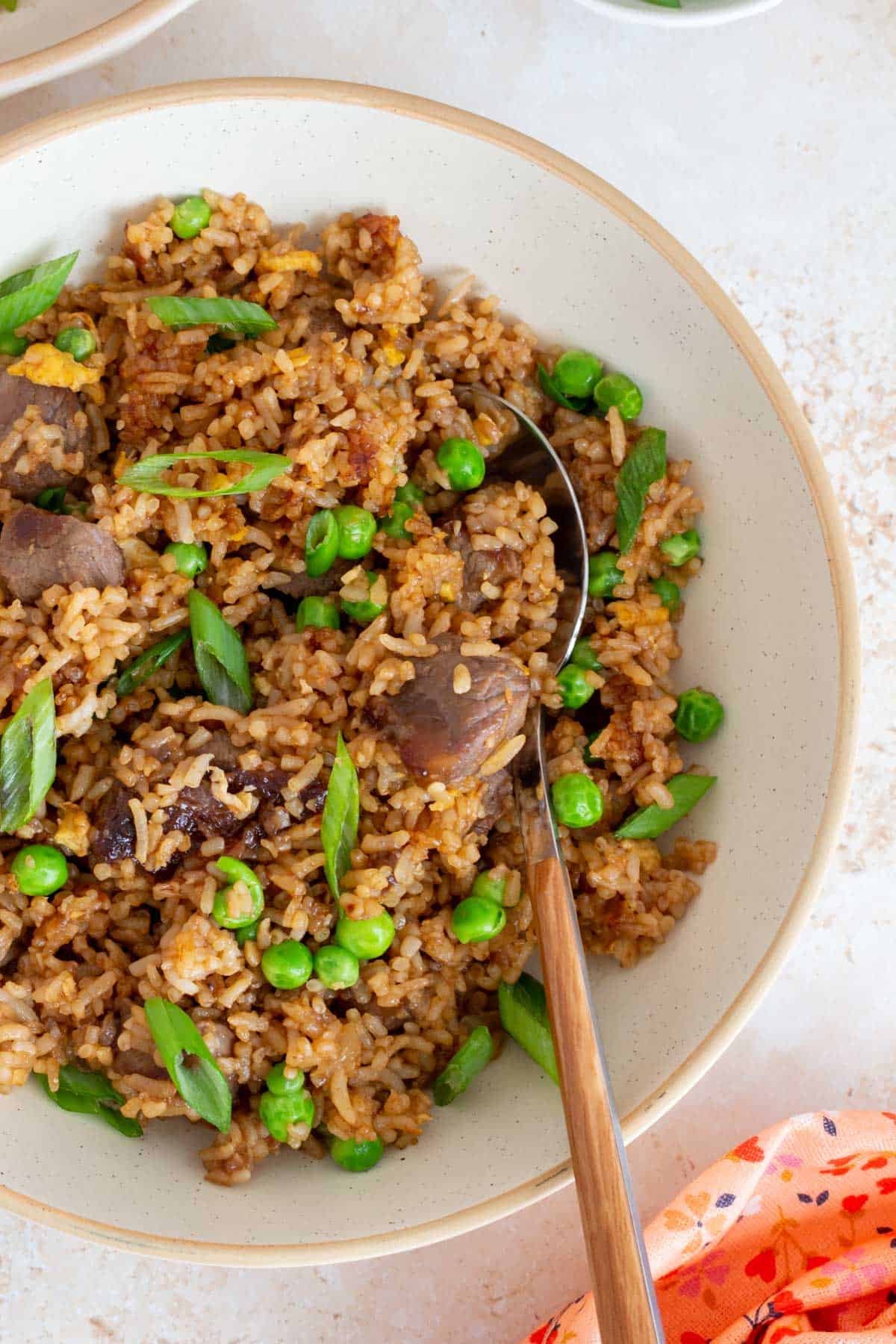 A close up view of steak fried rice with a spoon.