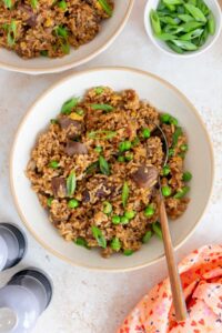 Overhead view of a bowl of steak fried rice topped with green onions and a spoon inserted.