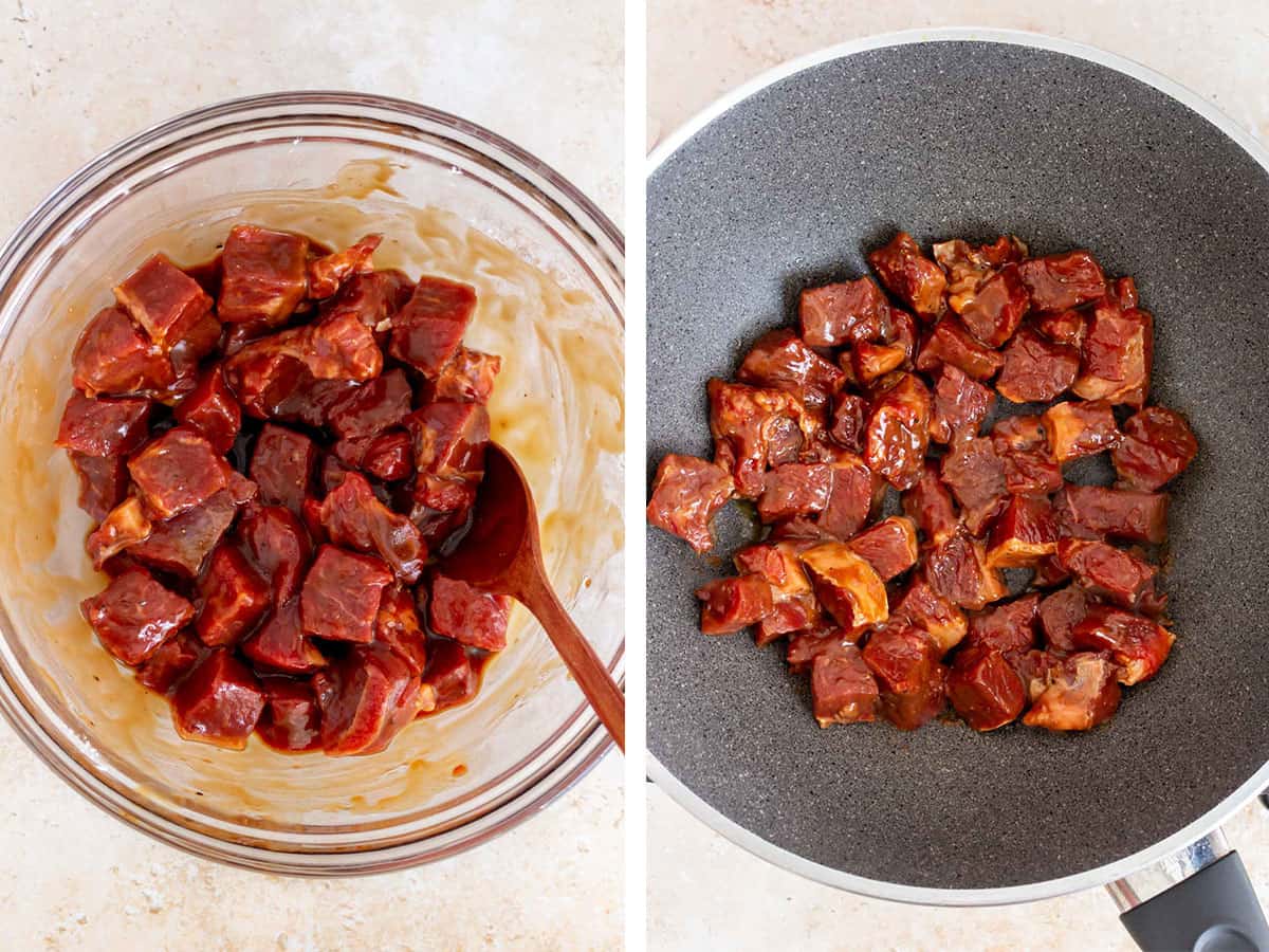 Set of two photos showing sauce added to the steak and then added to a skillet.