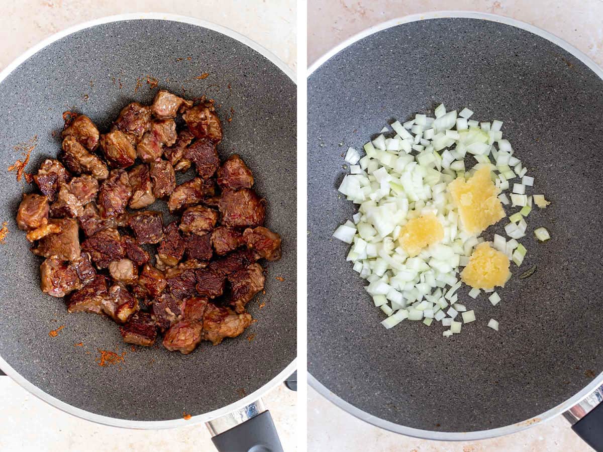 Set of two photos showing beef seared and diced onions and garlic added to the skillet.