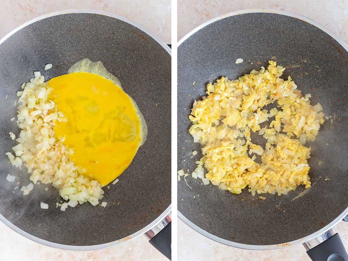Set of two photos showing whisked eggs added to the skillet and mixed together.