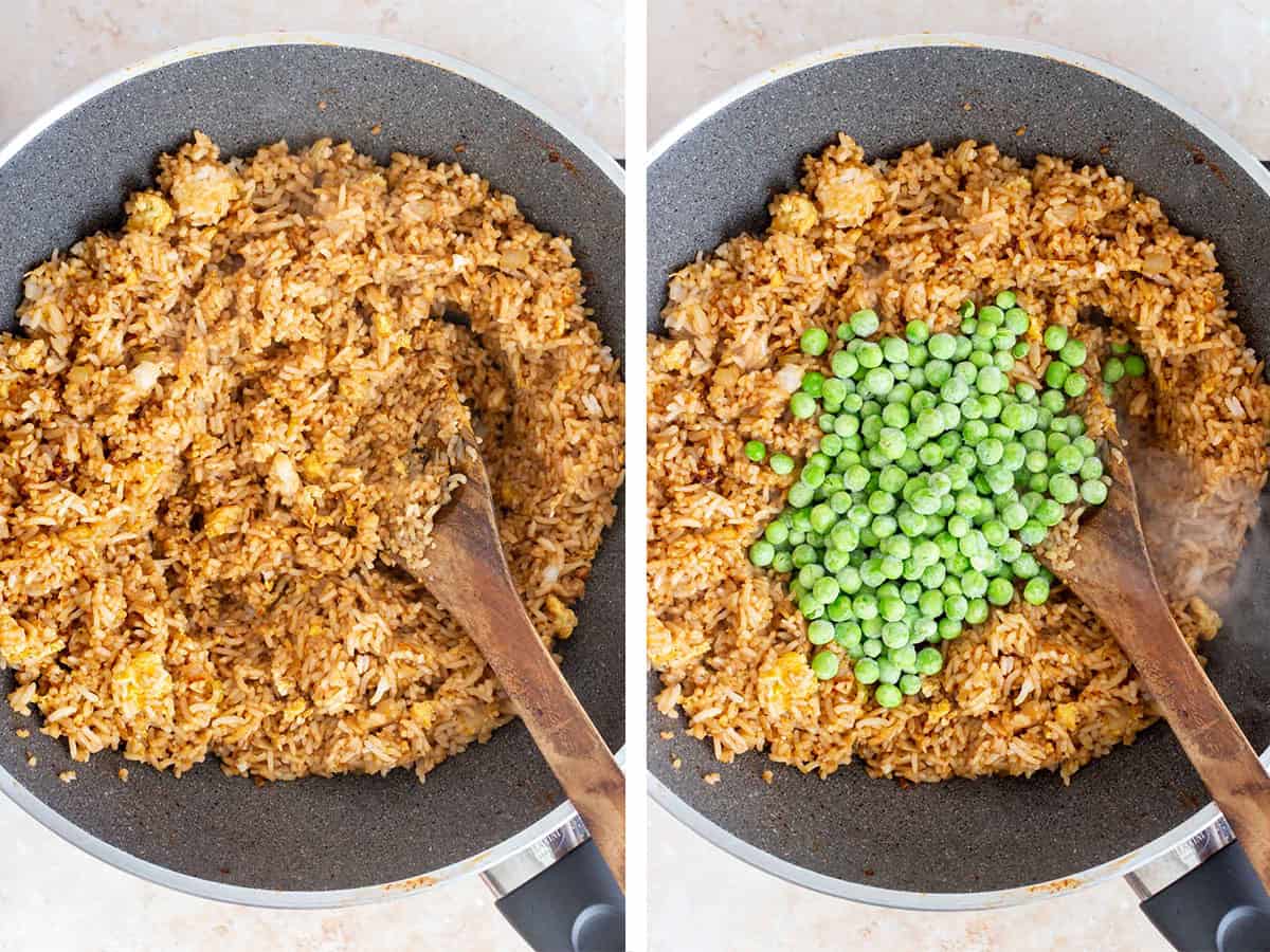 Set of two photos showing rice mixed with the sauce and frozen peas added.