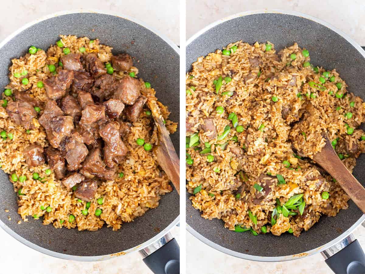 Set of two photos showing the cooked steak added back to the skillet and tossed well to combine.