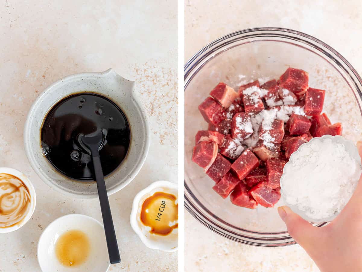 Set of two photos showing sauce mixed in a mixing bowl and potato starch added to diced steak.