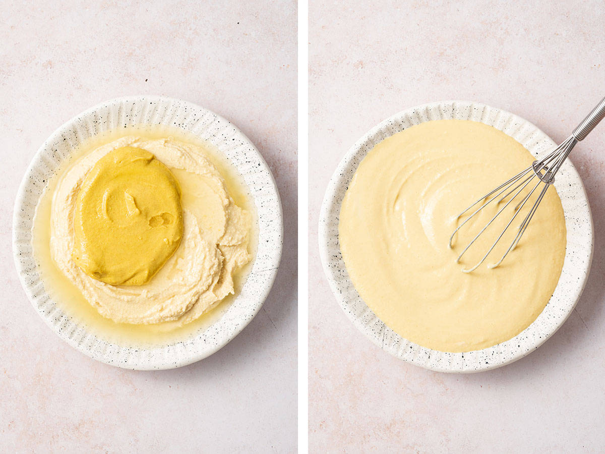Set of two photos showing all the ingredients added in a bowl and mixed together.