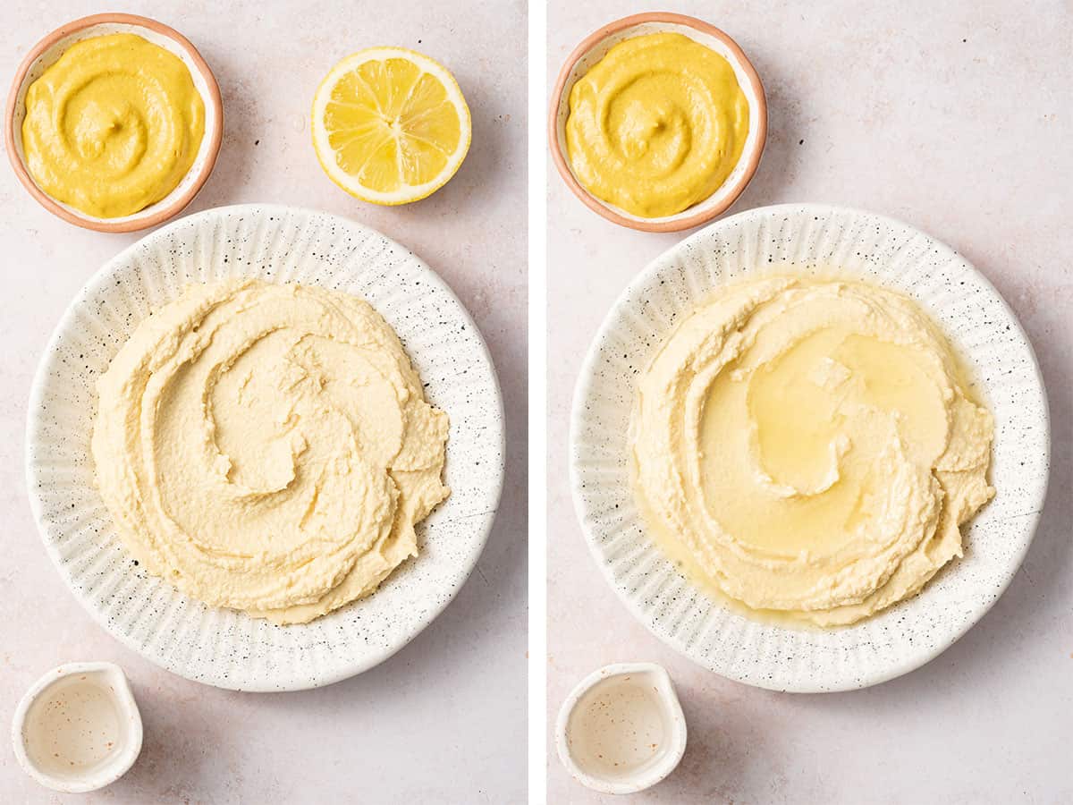 Set of two photos showing hummus and lemon juice added to a bowl.