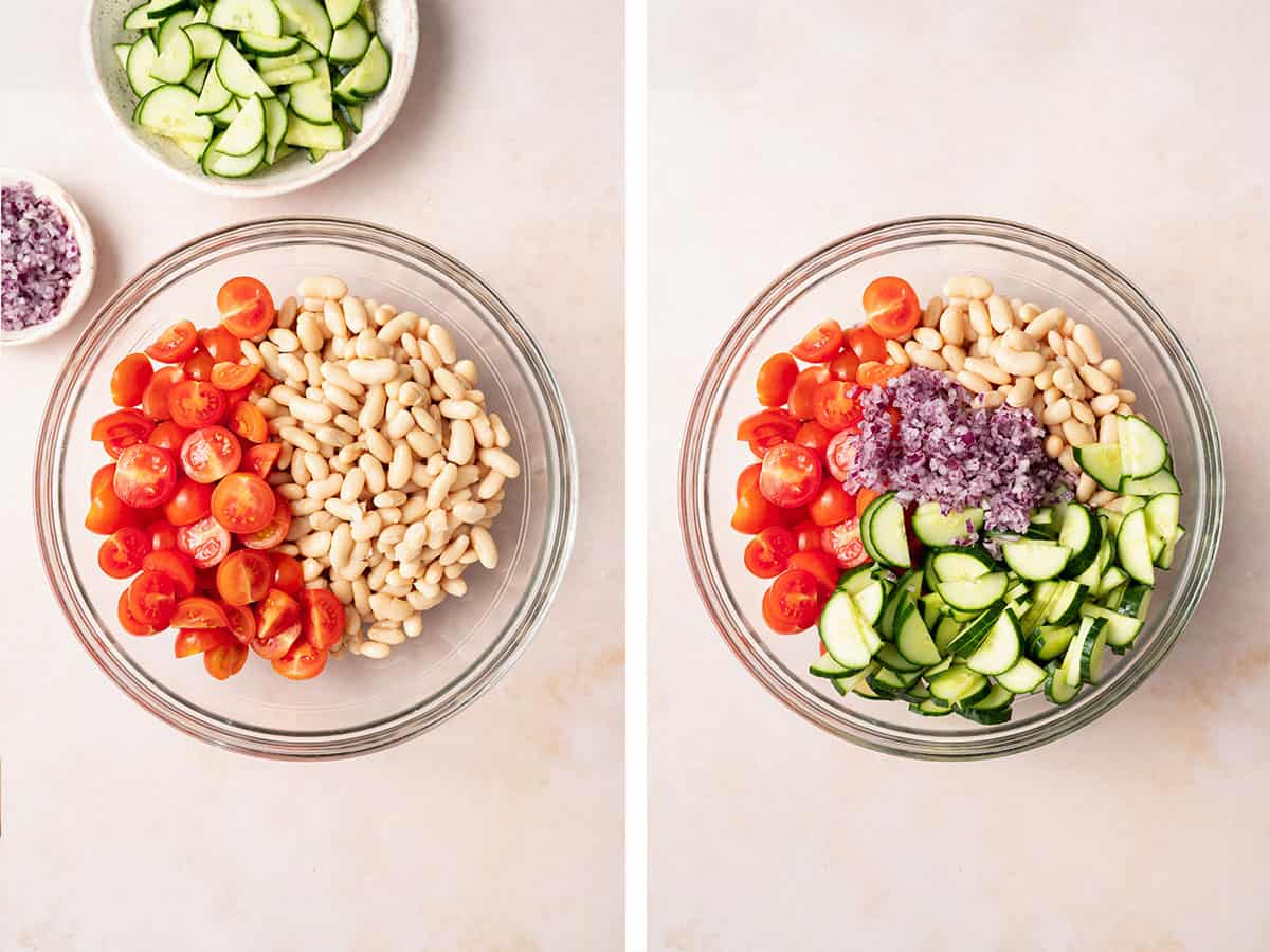 Set of two photos showing halved cherry tomatoes, sliced cucumbers, and red onions added to the bowl.