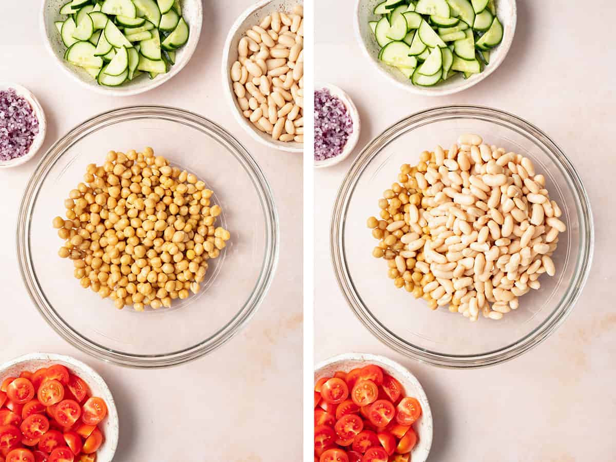 Set of two photos showing chickpeas and white beans added to a bowl.