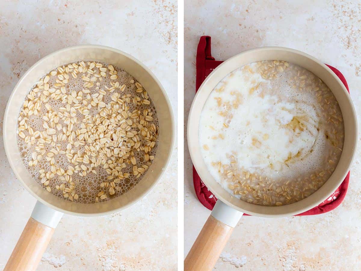Set of two photos showing rolled oats combined with water and then milk added.