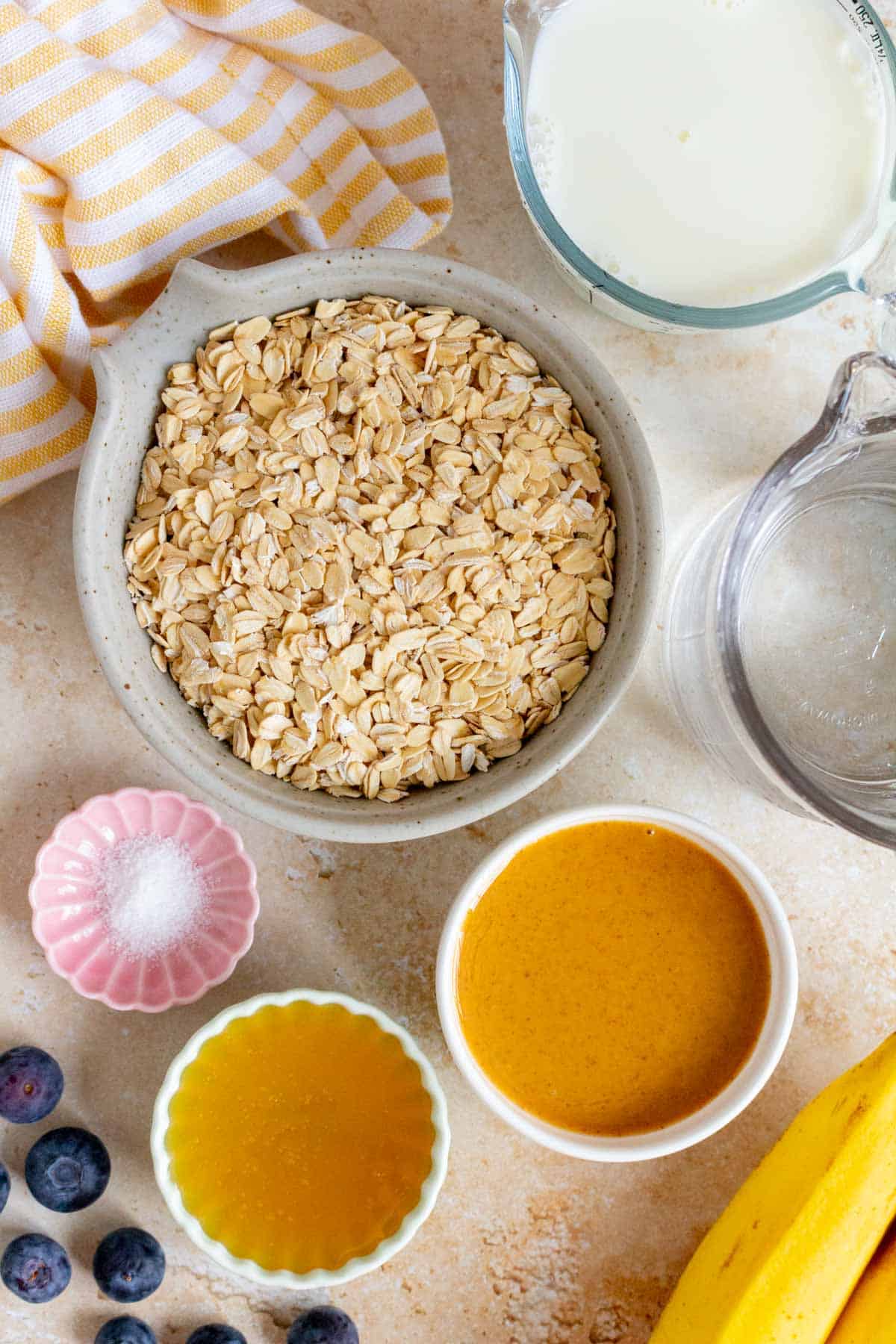 Ingredients needed to make peanut butter oatmeal.