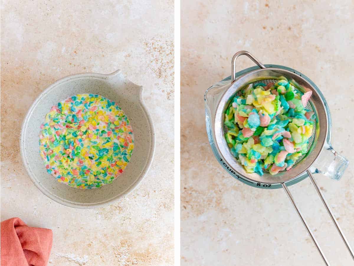 Set of two photos showing cereal added to milk to infuse then strained.