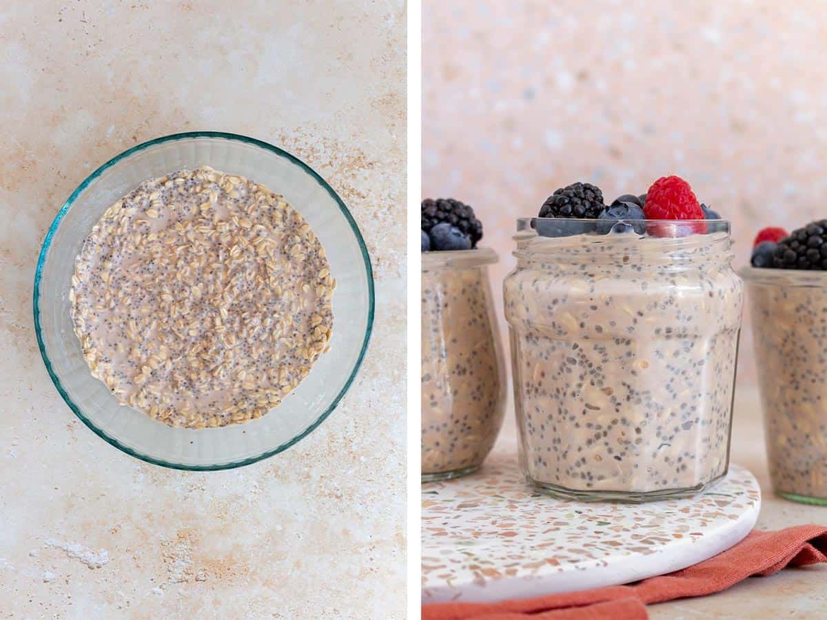 Set of two photos showing overnight oats set in a bowl and then serving in a jar with berries.