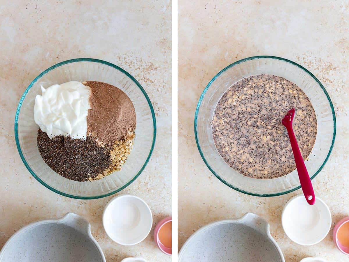 Set of two photos showing ingredients added to a mixing bowl and stirred to combine.