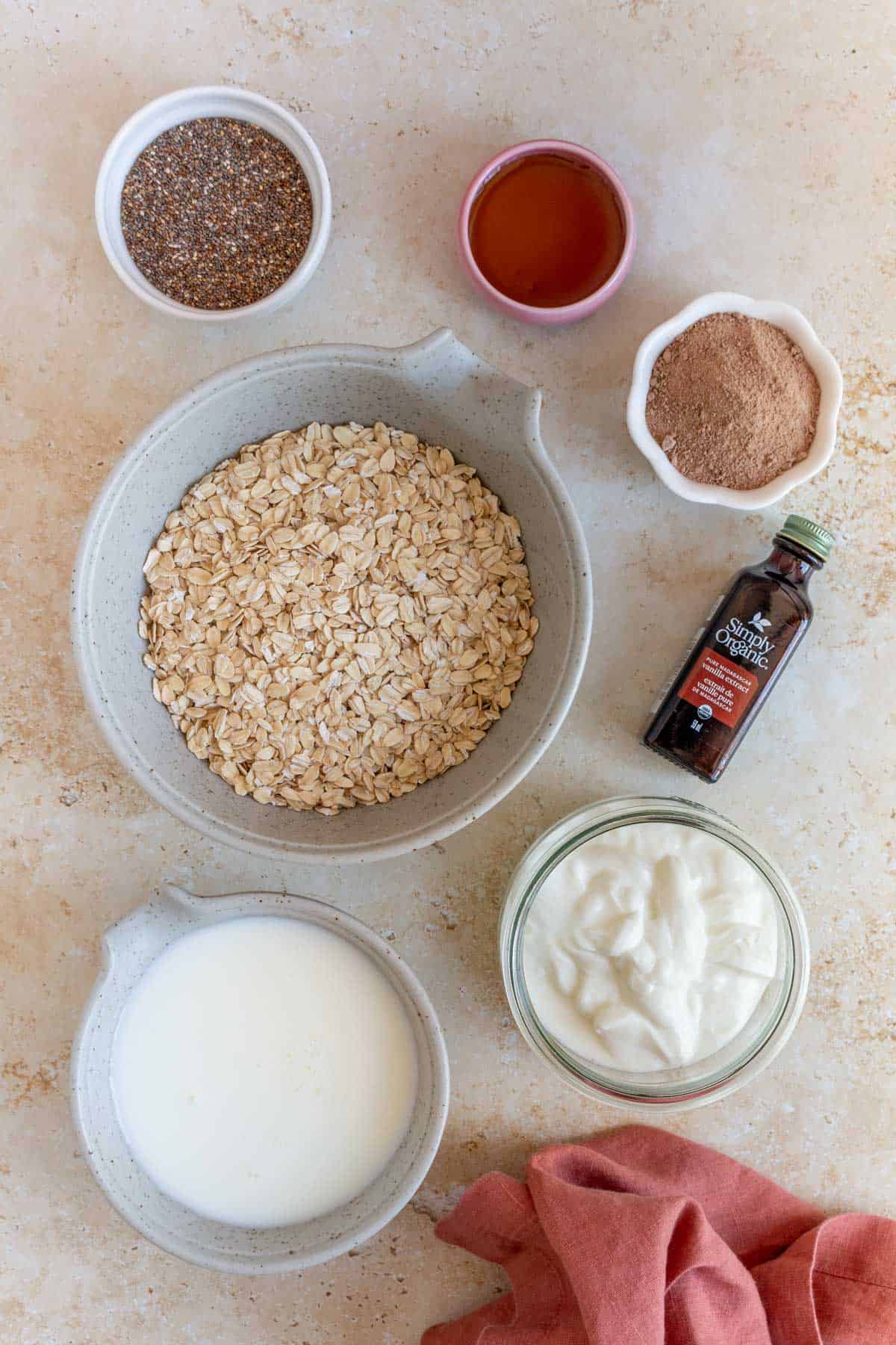 Ingredients needed to make milo overnight oats.