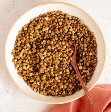 A bowl of crispy lentils with a spoon.